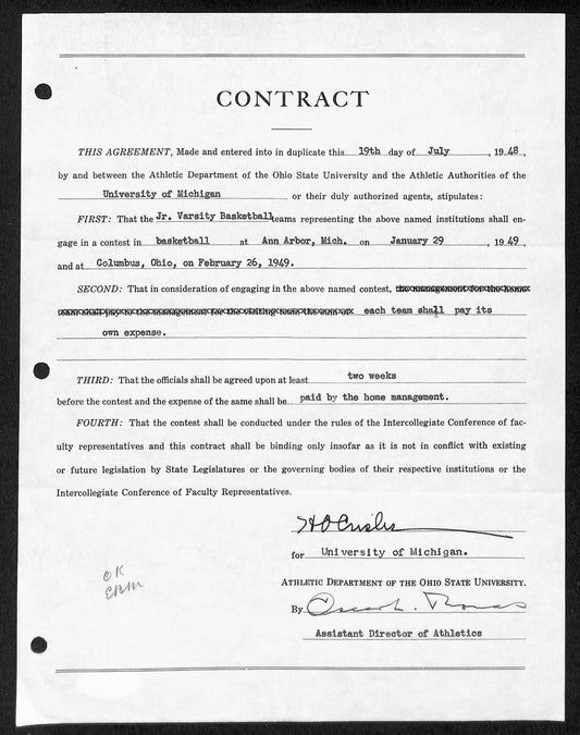 Fritz Crisler HOF Michigan Head Coach Signed/Auto Contract PSA BA199008