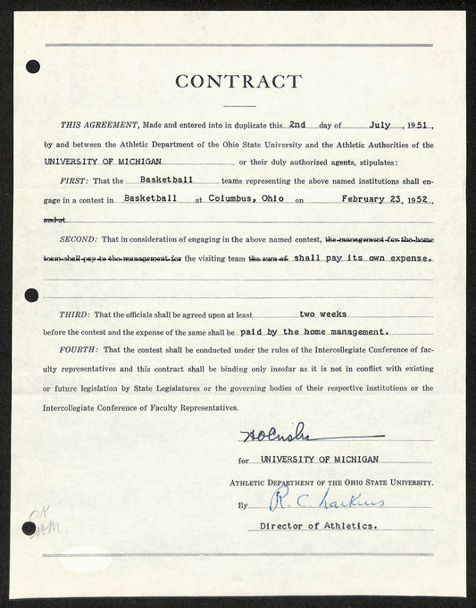 Fritz Crisler HOF Michigan Head Coach Signed/Auto Contract PSA BA199010