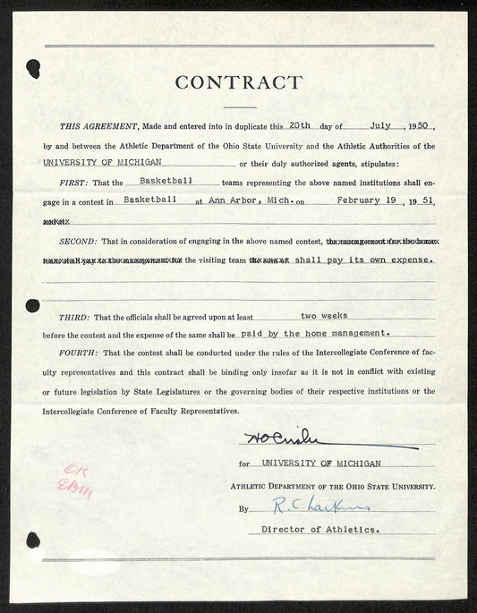 Fritz Crisler HOF Michigan Head Coach Signed/Auto Contract PSA BA199013