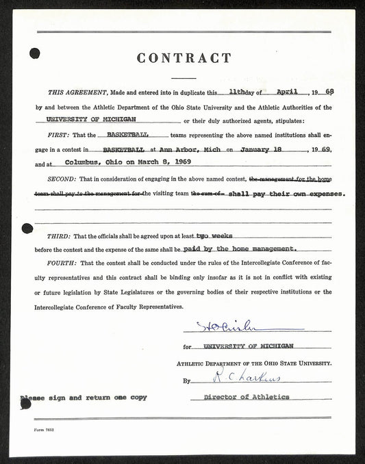 Fritz Crisler HOF Michigan Head Coach Signed/Auto Contract PSA BA199016