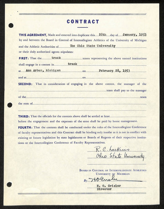 Fritz Crisler HOF Michigan Head Coach Signed/Auto Contract PSA BA199017