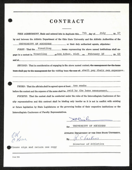Fritz Crisler HOF Michigan Head Coach Signed/Auto Contract PSA BA199019