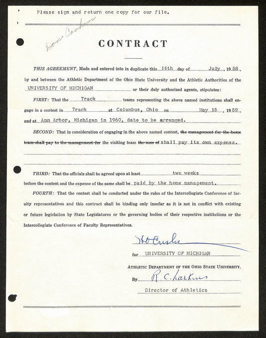 Fritz Crisler HOF Michigan Head Coach Signed/Auto Contract PSA BA199020