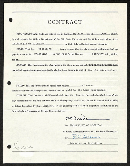 Fritz Crisler HOF Michigan Head Coach Signed/Auto Contract PSA BA199021
