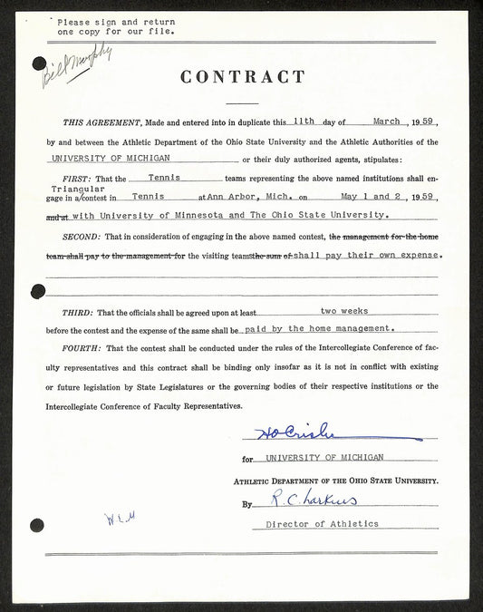 Fritz Crisler HOF Michigan Head Coach Signed/Auto Contract PSA BA199030