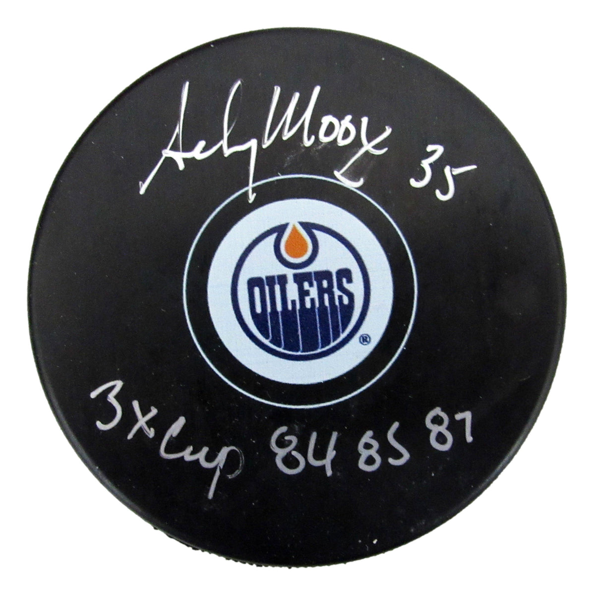 Andy Moog Signed/Inscribed Hockey Puck Edmonton Oilers JSA 208073