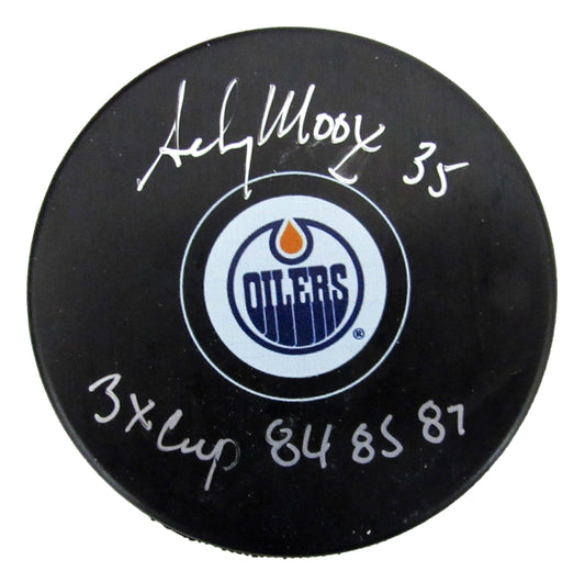 Andy Moog Signed/Inscribed Hockey Puck Edmonton Oilers JSA 208073