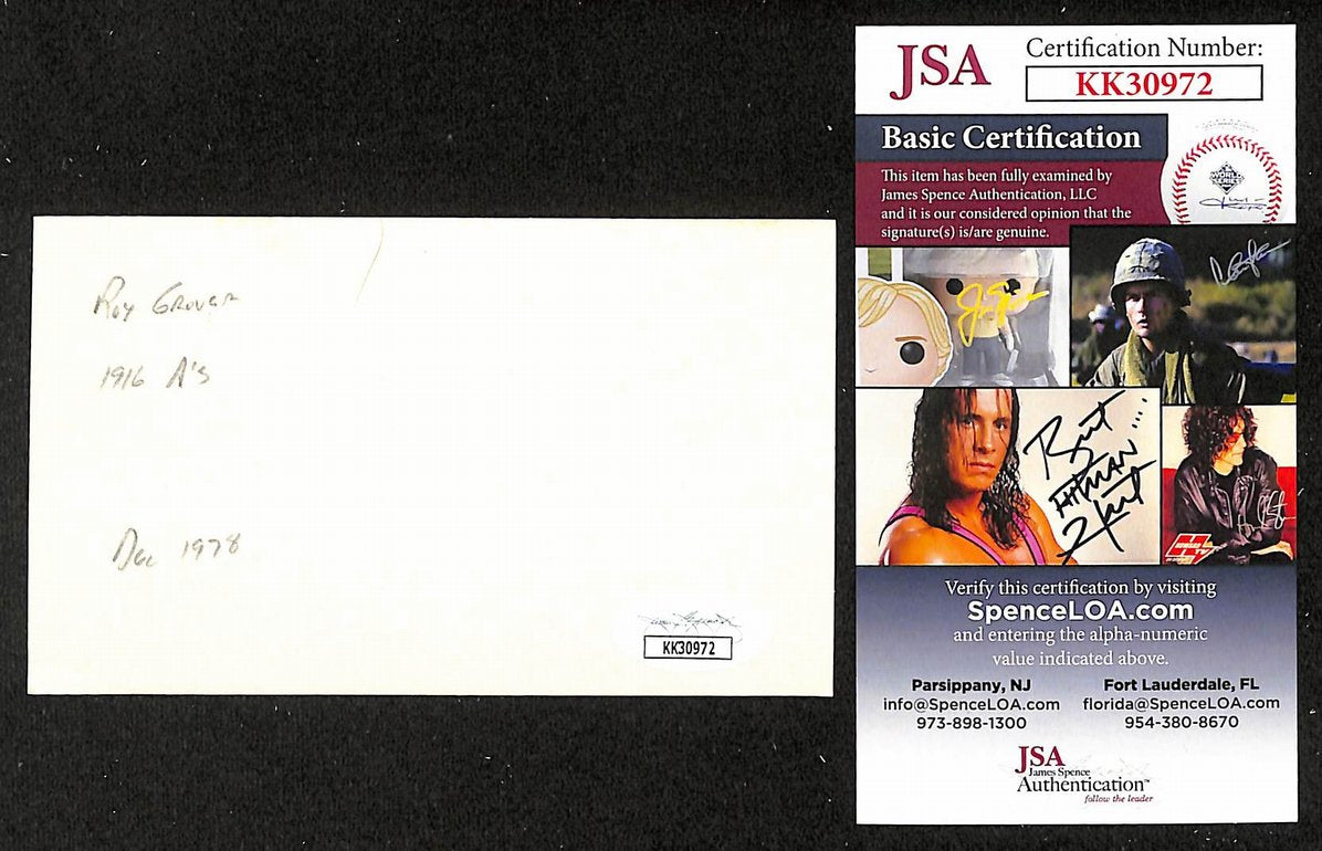 Roy Grover Athletics Autographed/Signed 3x5 Index Card JSA BA208384