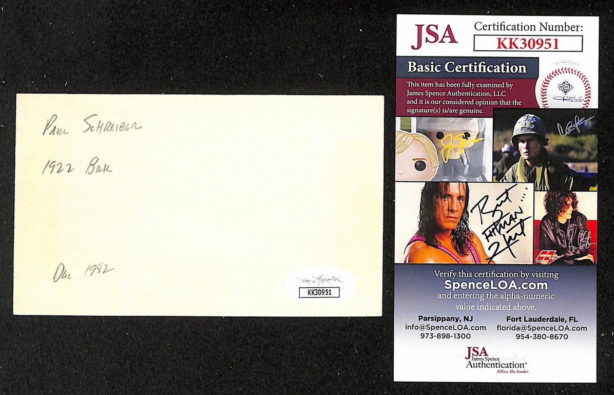 Paul Schreiber Yankees Autographed/Signed 3x5 Index Card JSA BA208388