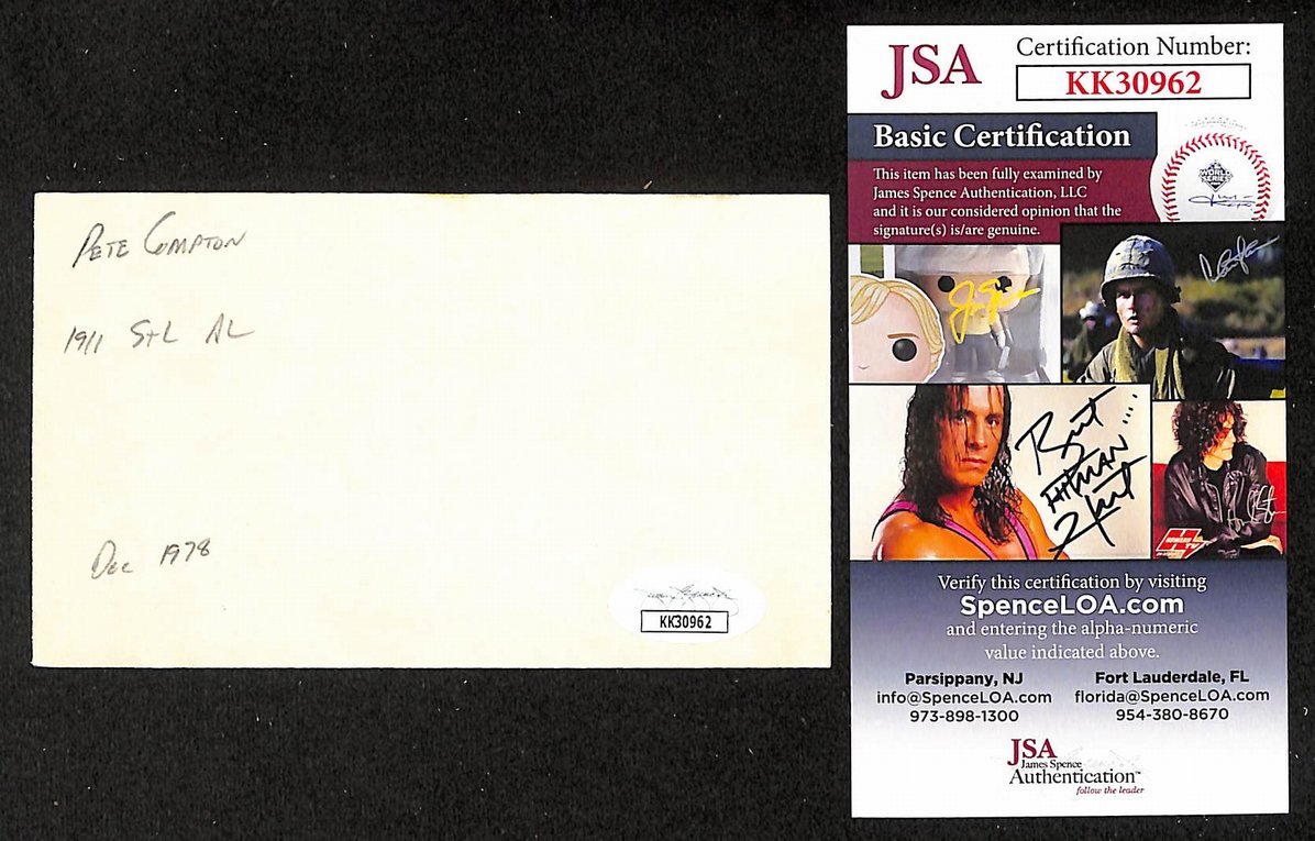 Pete Compton Pirates Autographed/Signed 3x5 Index Card JSA BA208398