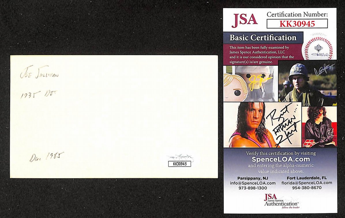 Joe Sullivan Tigers Autographed/Signed 3x5 Index Card JSA BA208401
