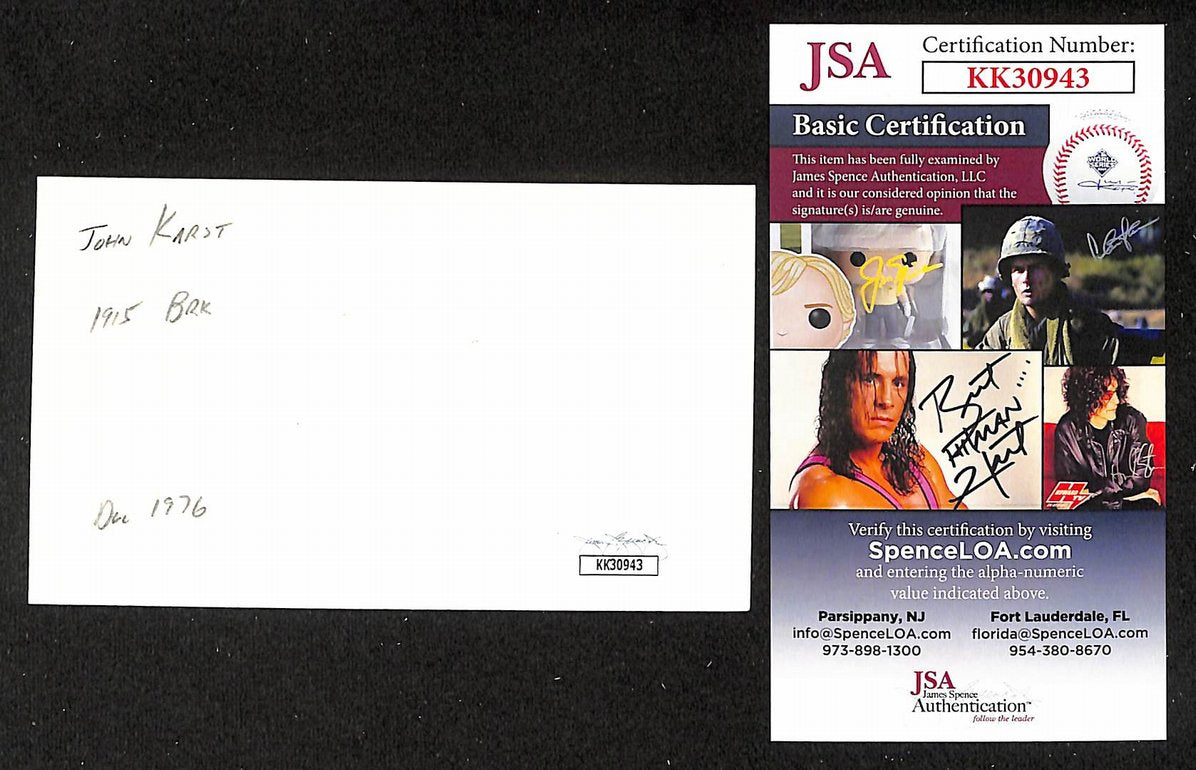 John Karst Dodgers Autographed/Signed 3x5 Index Card JSA BA208402