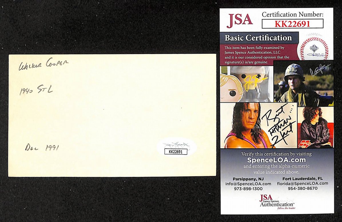 Walker Cooper Cardinals Autographed/Signed 3x5 Index Card JSA BA208403