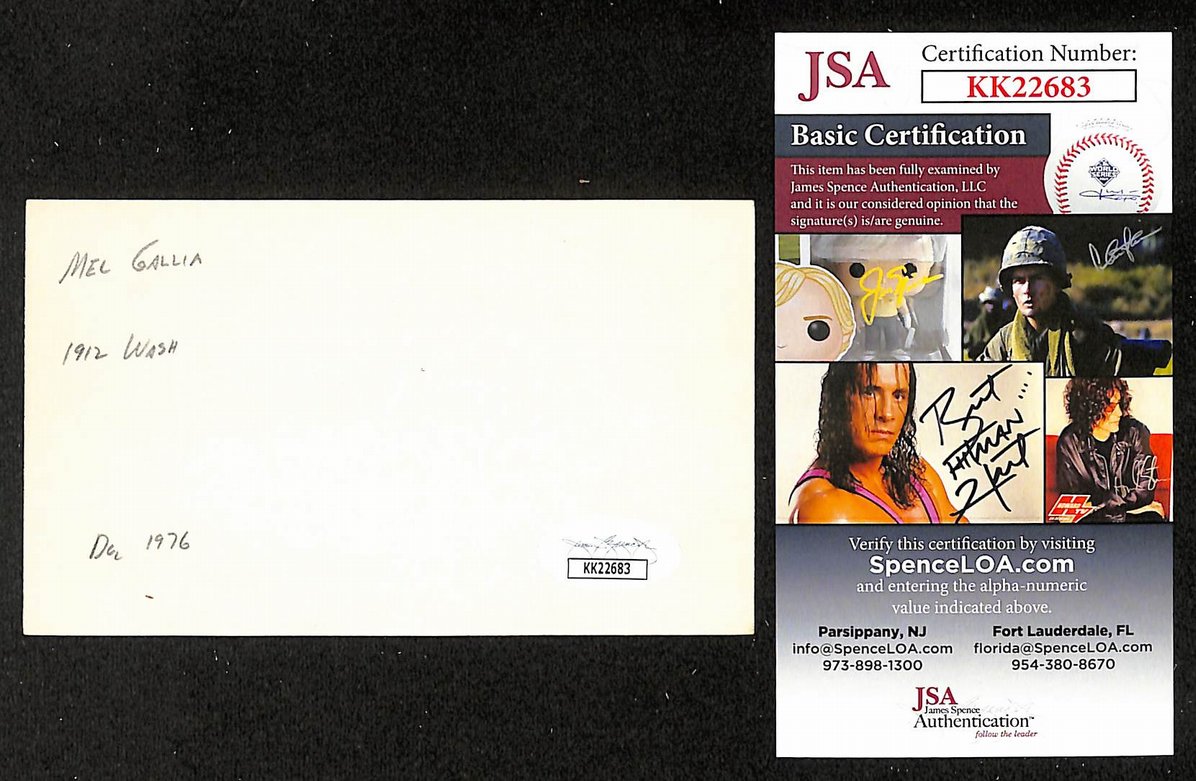 Bert Gallia Senators Autographed/Signed 3x5 Index Card JSA BA208410