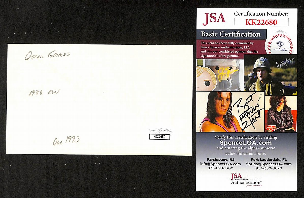 Oscar Grimes Yankees Autographed/Signed 3x5 Index Card JSA BA208416