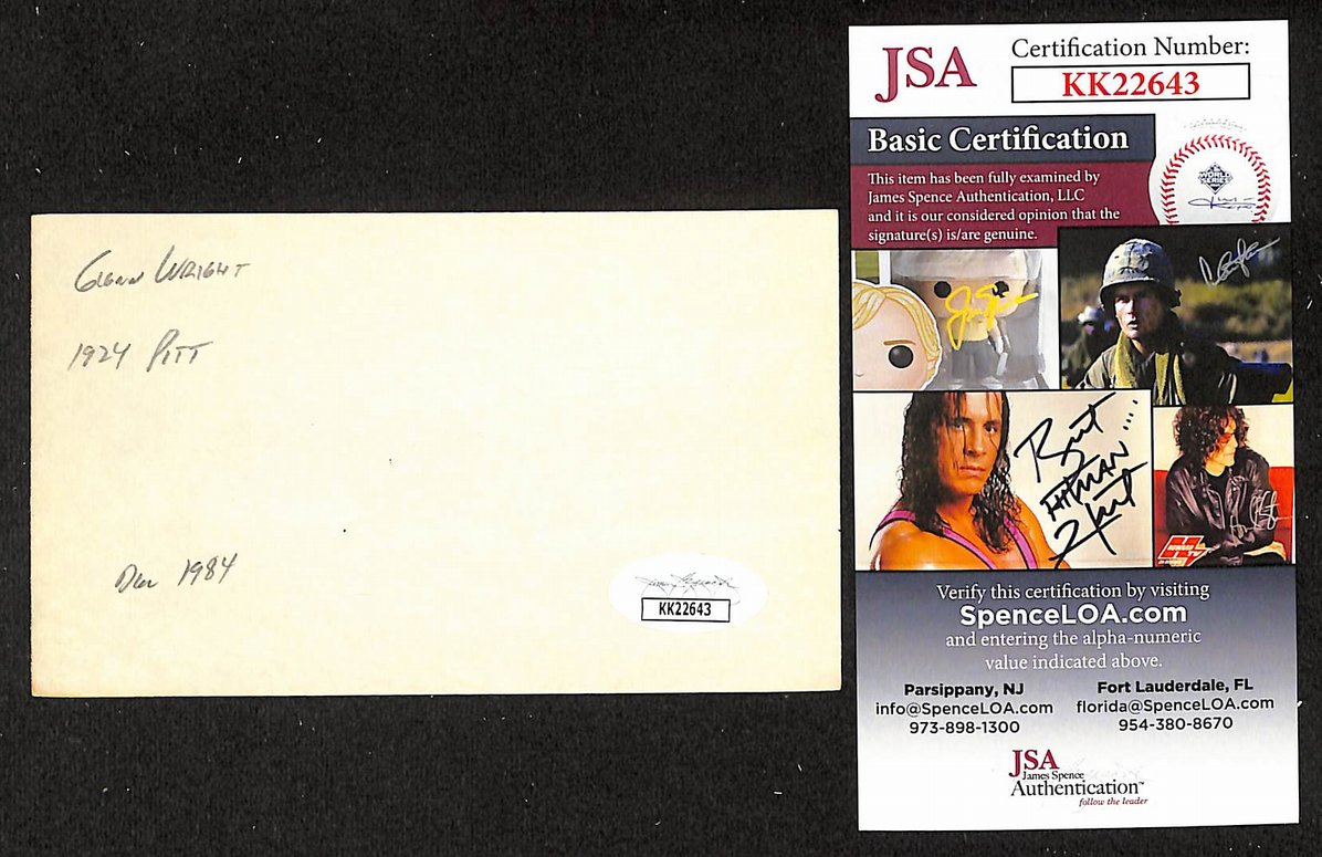Glenn Wright Pirates Autographed/Signed 3x5 Index Card JSA BA208417