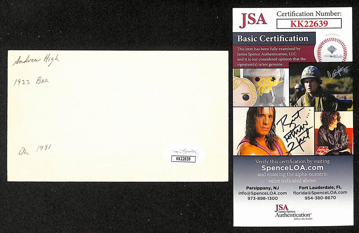 Andy High Dodgers Autographed/Signed 3x5 Index Card JSA BA208418