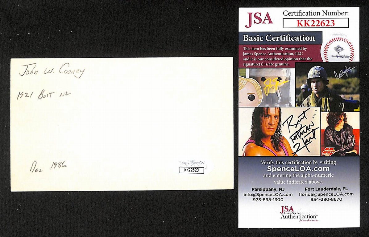 John Cooney Boston Autographed/Signed 3x5 Index Card JSA BA208426