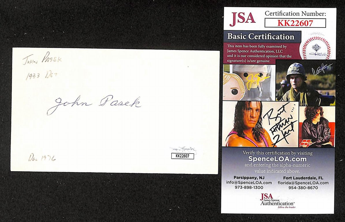 Johnny Pasek Red Sox Autographed/Signed 3x5 Index Card JSA BA208429