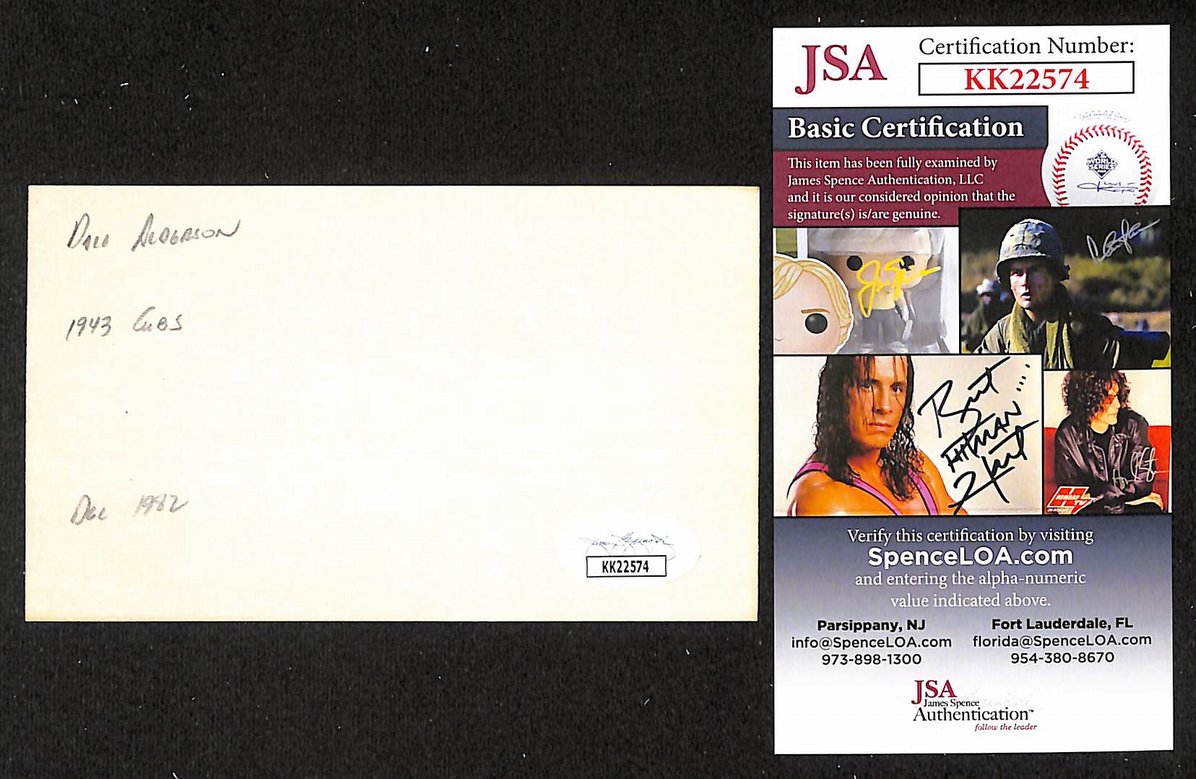 Dale Alderson Cubs Autographed/Signed 3x5 Index Card JSA BA208442