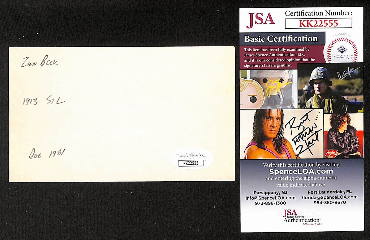 Zinn Beck Yankees Autographed/Signed 3x5 Index Card JSA BA208451