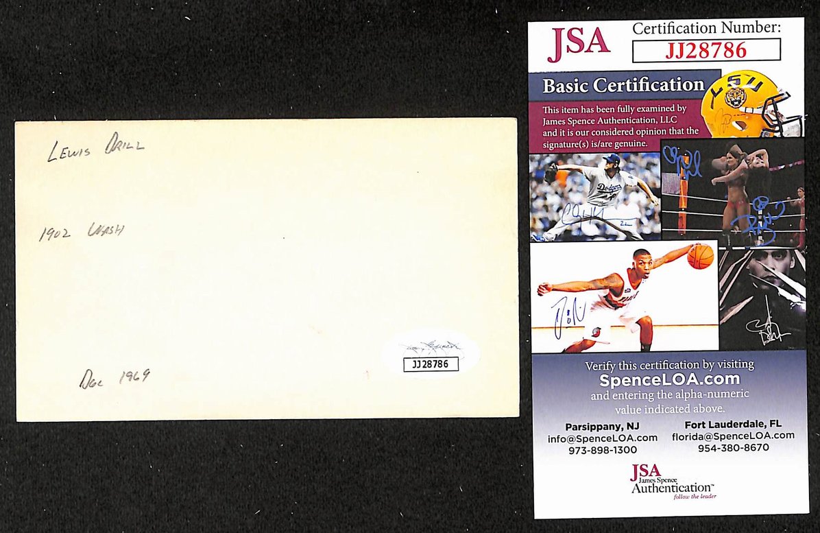 Lewis Drill Senators Autographed/Signed 3x5 Index Card JSA BA208474