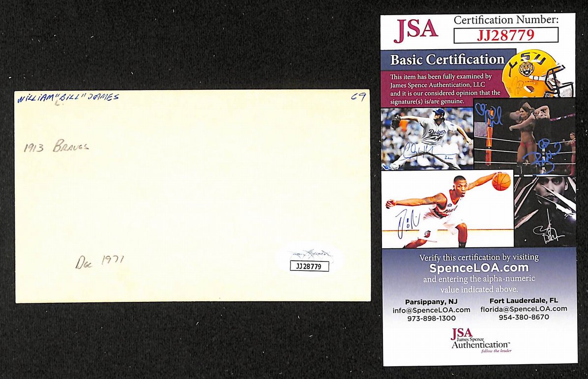 Bill James Braves Autographed/Signed 3x5 Index Card JSA BA208478