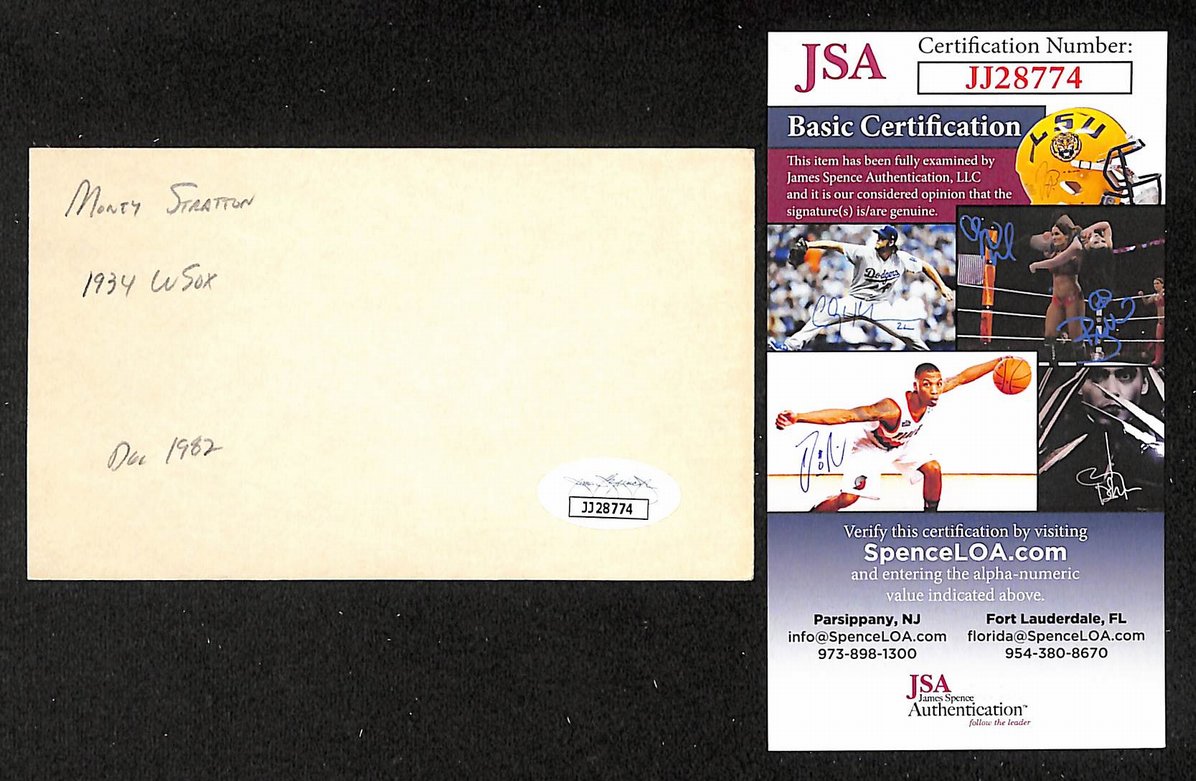 Monty Stratton White Sox Autographed/Signed 3x5 Index Card JSA BA208479