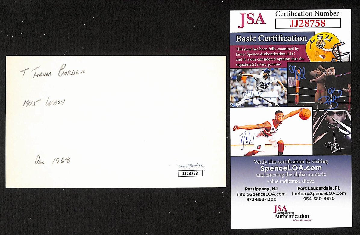 Turner Barber Cubs Autographed/Signed 3x5 Index Card JSA BA208485
