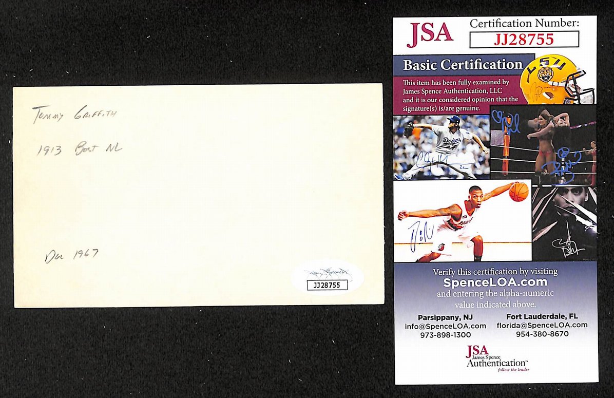 Tommy Griffith Braves Autographed/Signed 3x5 Index Card JSA BA208487