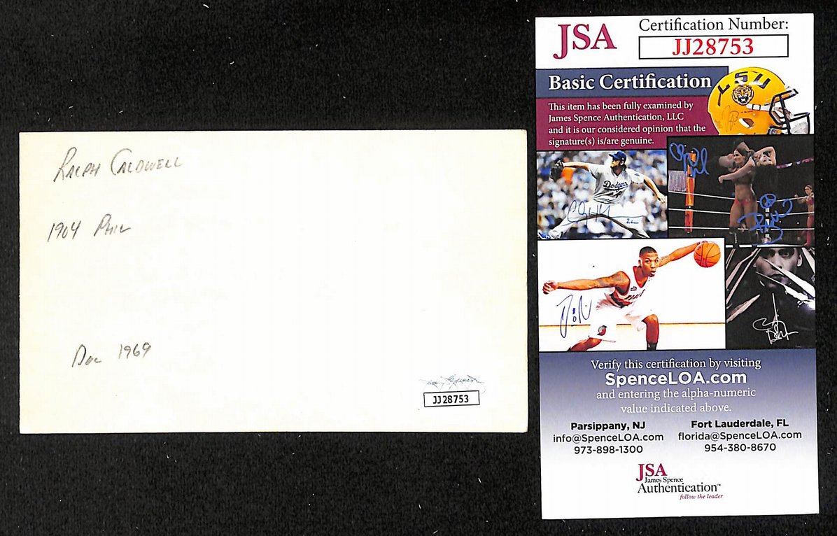Ralph Cardwell Phillies Autographed/Signed 3x5 Index Card JSA BA208488