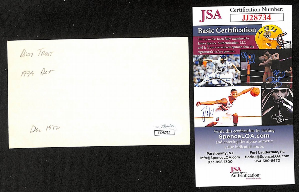 Dizzy Trout Tigers Autographed/Signed 3x5 Index Card JSA BA208491
