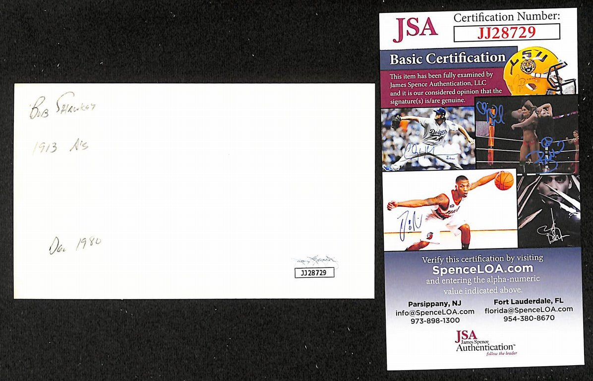 Bob Shawkey Yankees Autographed/Signed 3x5 Index Card JSA BA208492