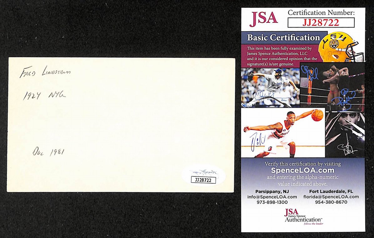 Fred Lindstrom GIants Autographed/Signed HOF 3x5 Index Card JSA BA208494