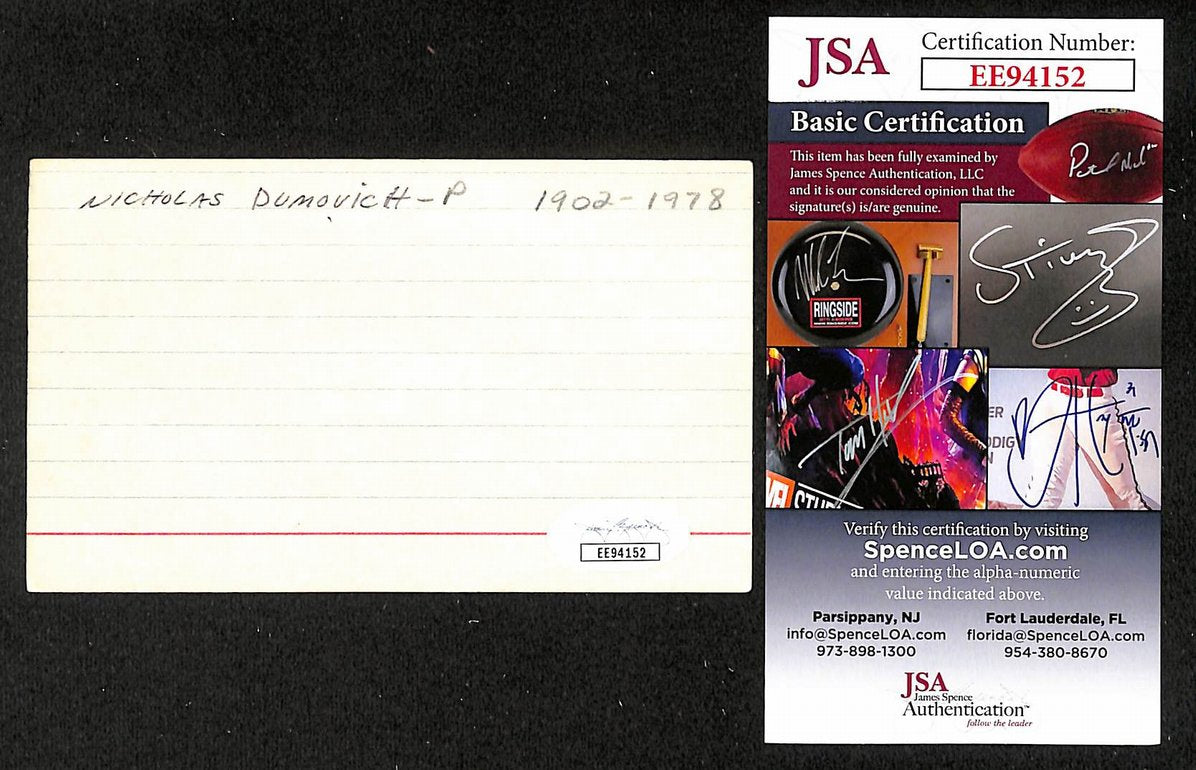 Nicholas Dumovich Cubs Autographed/Signed 3x5 Index Card JSA BA207869