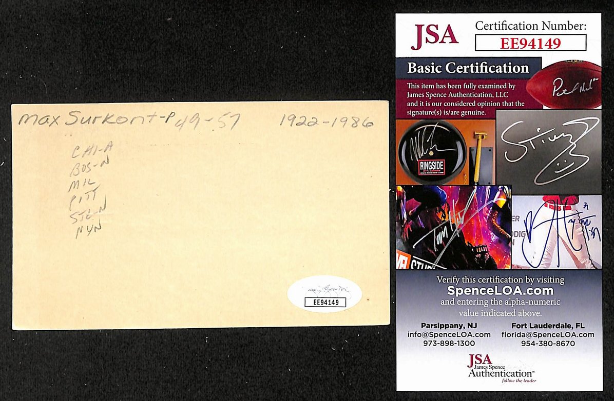 Max Surkont Braves Autographed/Signed 3x5 Index Card JSA BA207872