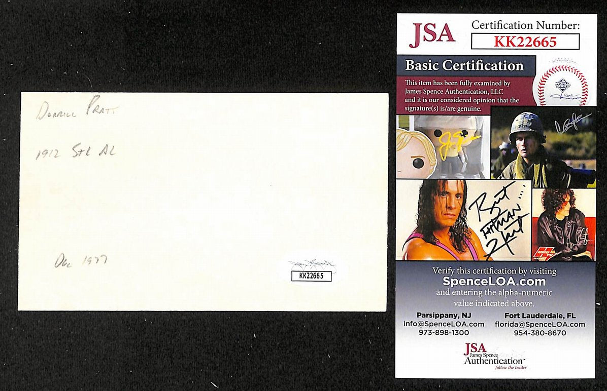 Del Pratt Browns Autographed/Signed 3x5 Index Card JSA BA207880