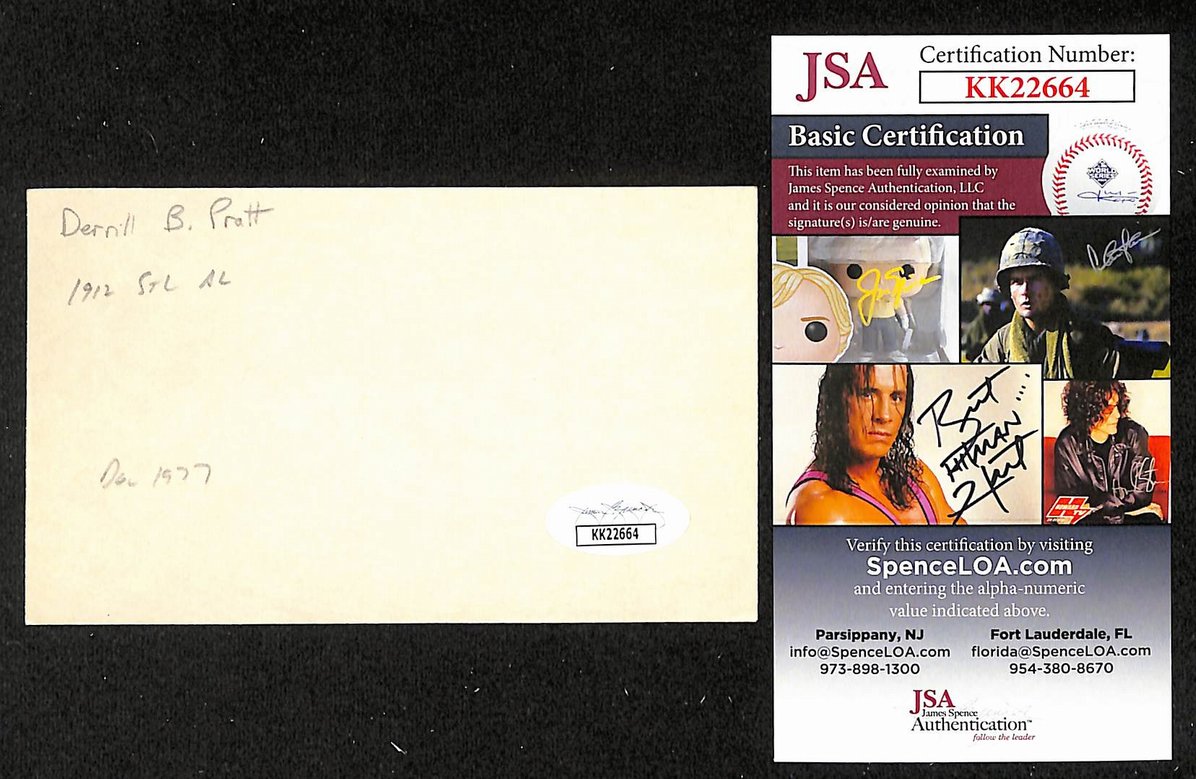 Del Pratt Browns Autographed/Signed 3x5 Index Card JSA BA207881