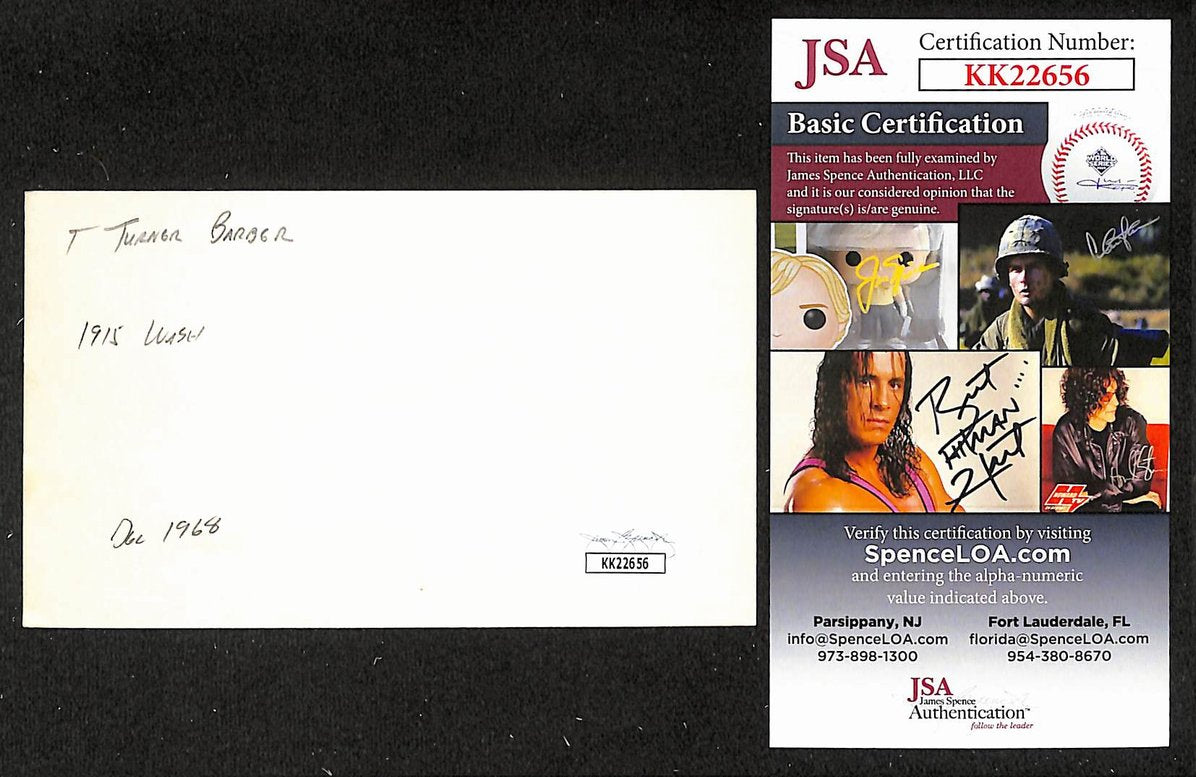 Turner Barber Cubs Autographed/Signed 3x5 Index Card JSA BA207896
