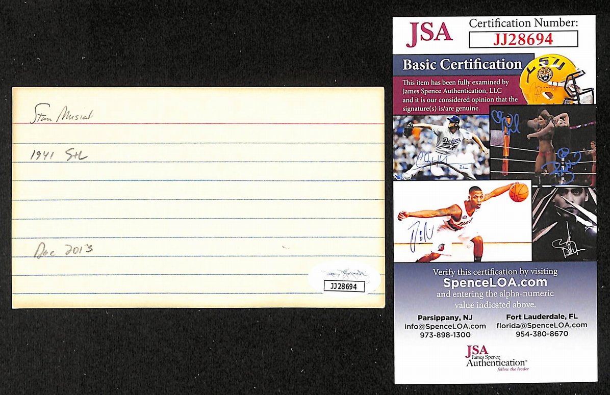 Stan Musial Cardinals Autographed/Signed 3x5 Index Card HOF JSA BA208502