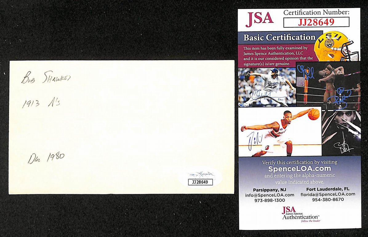Bob Shawkey Yankees Autographed/Signed 3x5 Index Card JSA BA208504