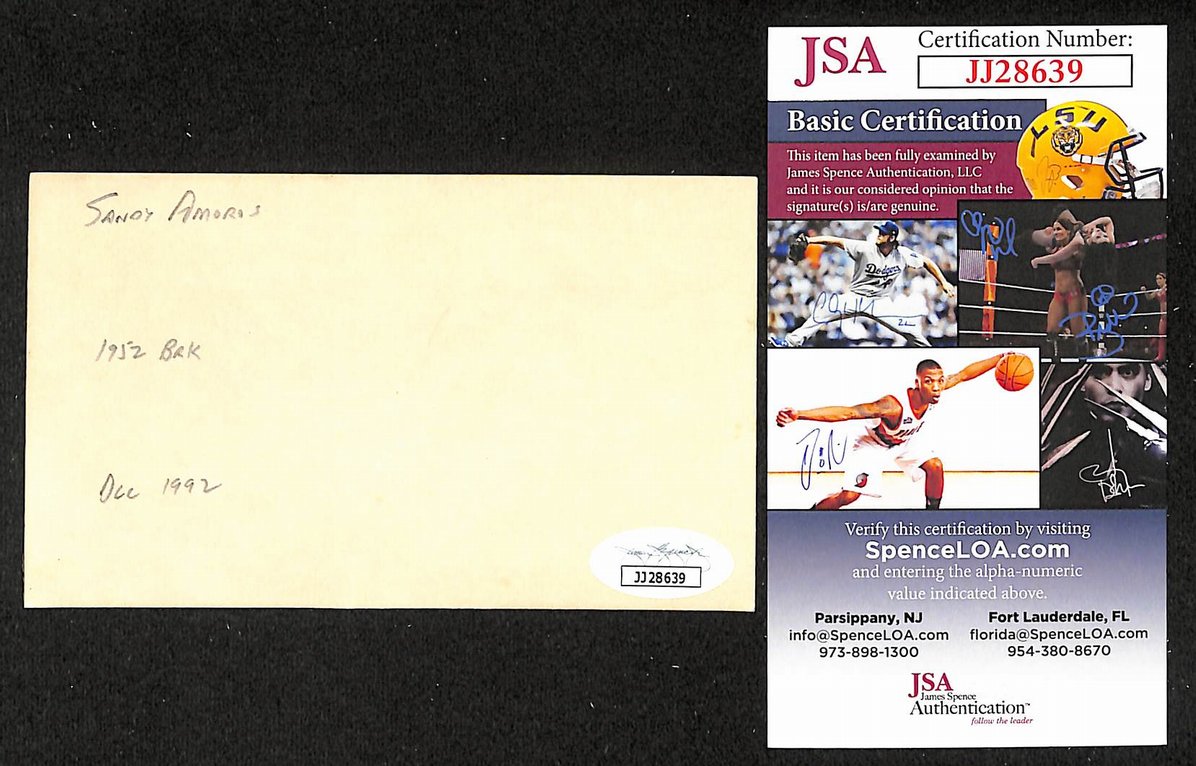 Sandy Amoros Tigers Autographed/Signed 3x5 Index Card JSA BA208506