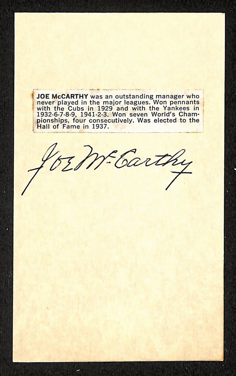 Joe McCarthy Yankees Autographed/Signed 3x5 Index Card JSA BA208516