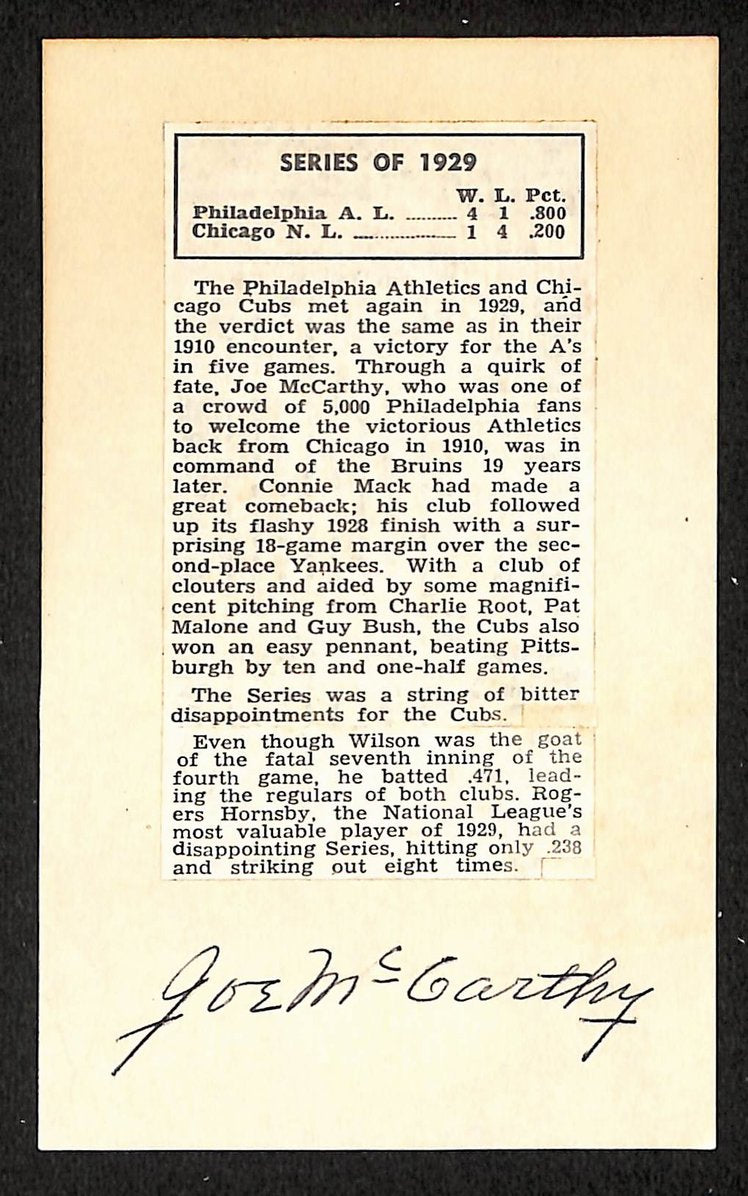 Joe McCarthy Yankees Autographed/Signed 3x5 Index Card JSA BA208518