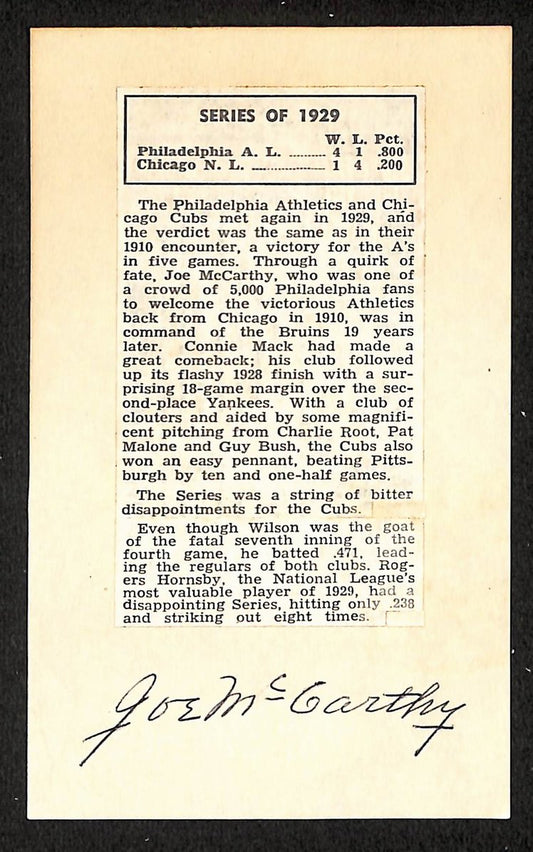 Joe McCarthy Yankees Autographed/Signed 3x5 Index Card JSA BA208518
