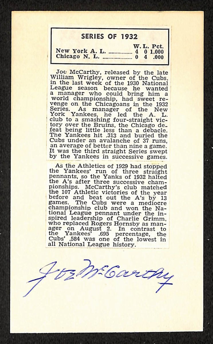 Joe McCarthy Yankees Autographed/Signed 3x5 Index Card JSA BA208519