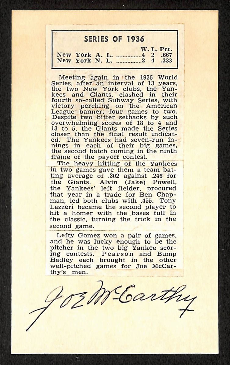 Joe McCarthy Yankees Autographed/Signed 3x5 Index Card JSA BA208521