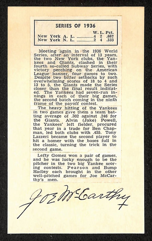 Joe McCarthy Yankees Autographed/Signed 3x5 Index Card JSA BA208521