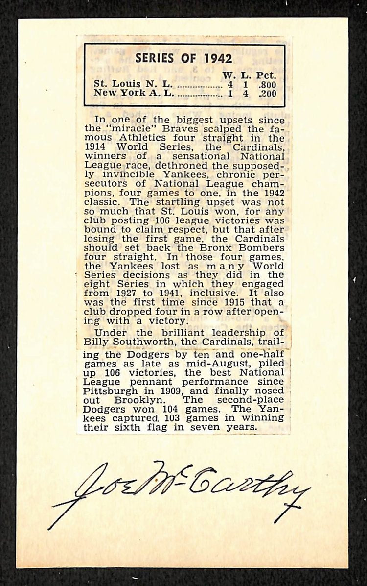 Joe McCarthy Yankees Autographed/Signed 3x5 Index Card JSA BA208523
