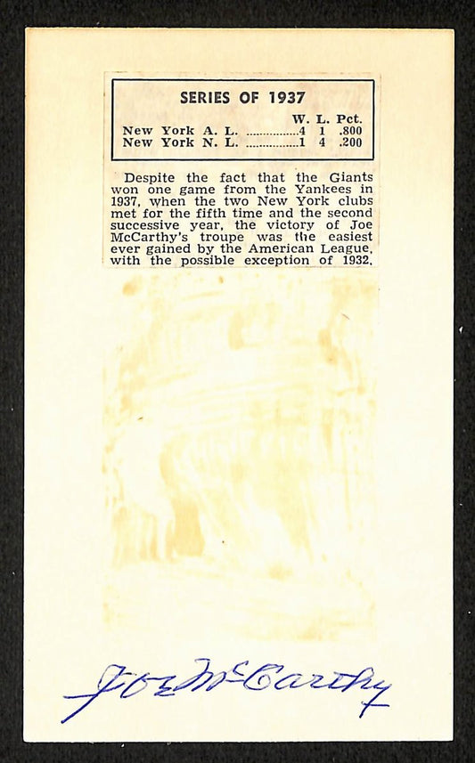 Joe McCarthy Yankees Autographed/Signed 3x5 Index Card JSA BA208525